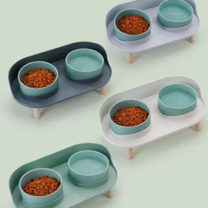 Cat Double Bowl with Wood Stand and Silicone Mat
